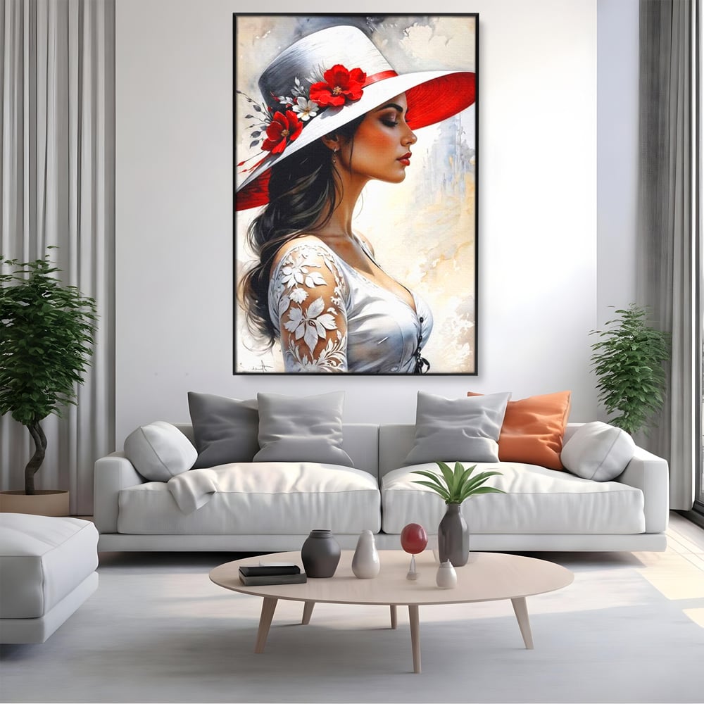 Tablou canvas cu tablou canvas cu profil de doamna, in rama de aluminiu negru, pe perete intr-un living